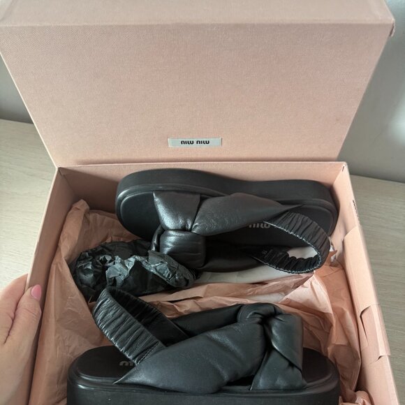 NWT Miu Miu Slingback Platform Sandals Black Padded Leather Knot Detail Sz 35 - Picture 4 of 10